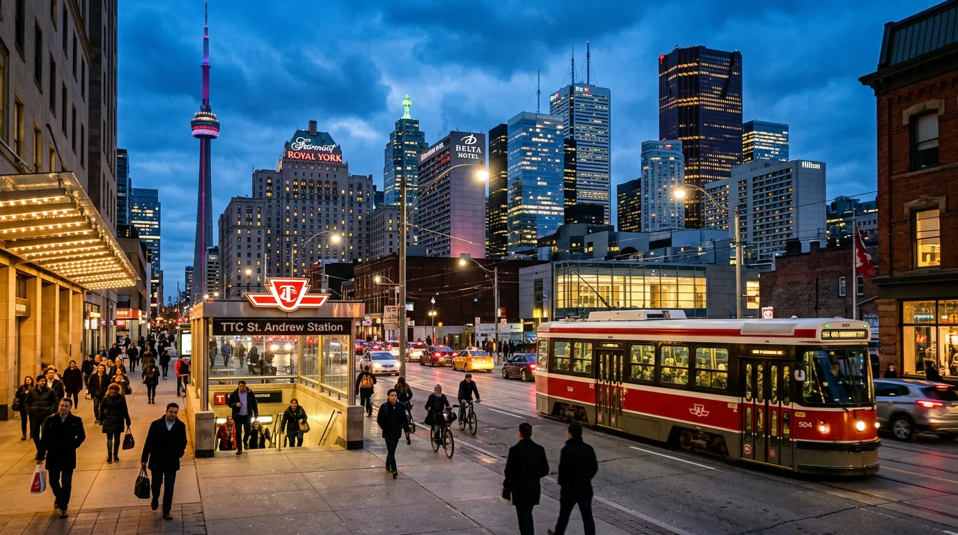 Toronto downtown street and hotel district at dusk