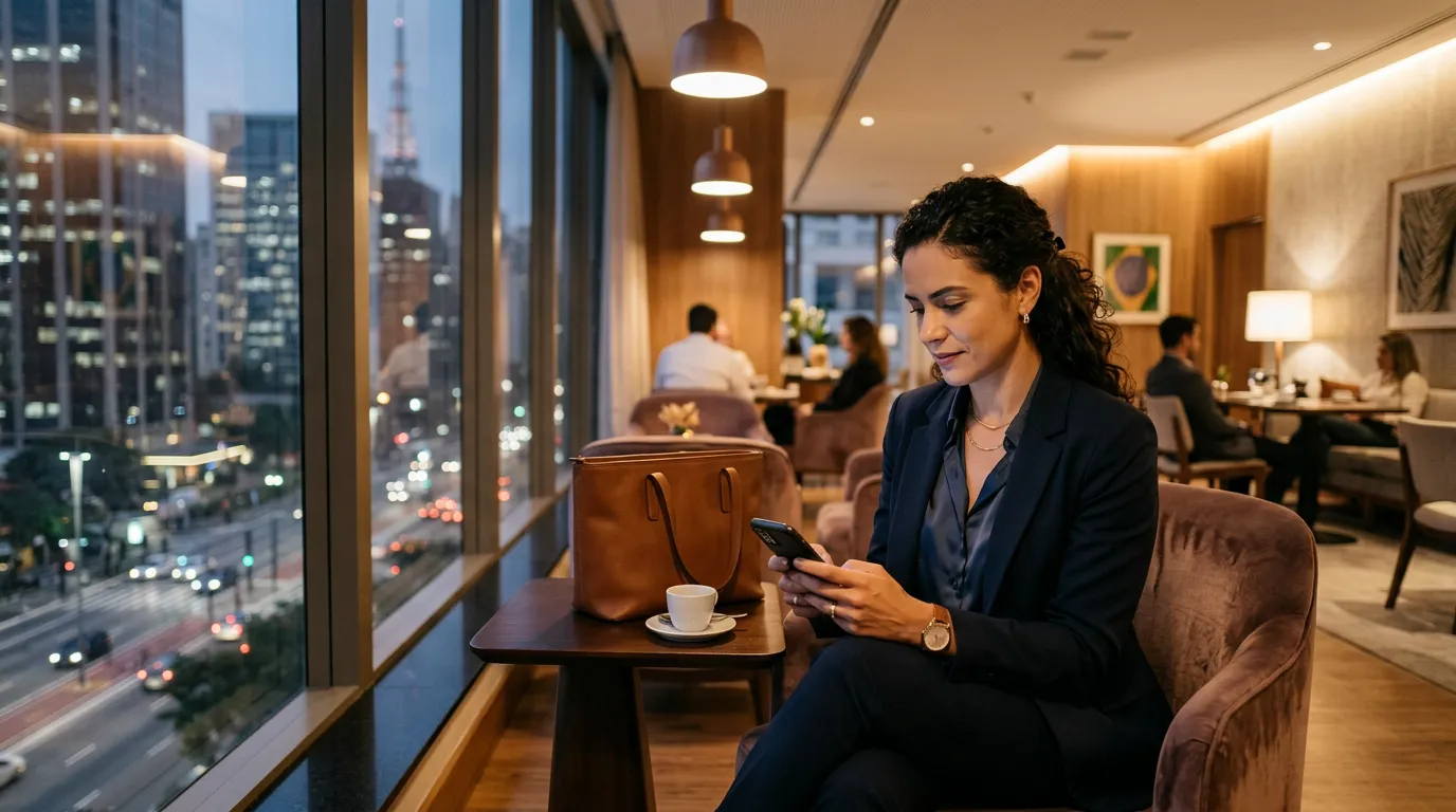 Business traveler privately browsing a phone in a hotel lounge in Brazil.