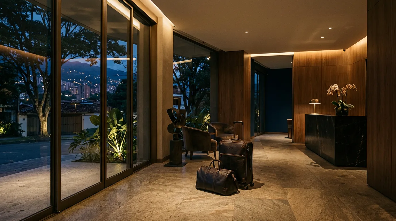 A discreet Medellin arrival scene with a premium lobby and soft evening lighting.