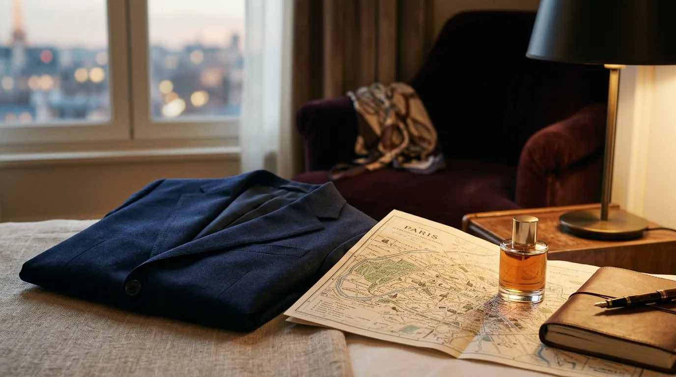 A discreet luxury travel still life with privacy-focused details.