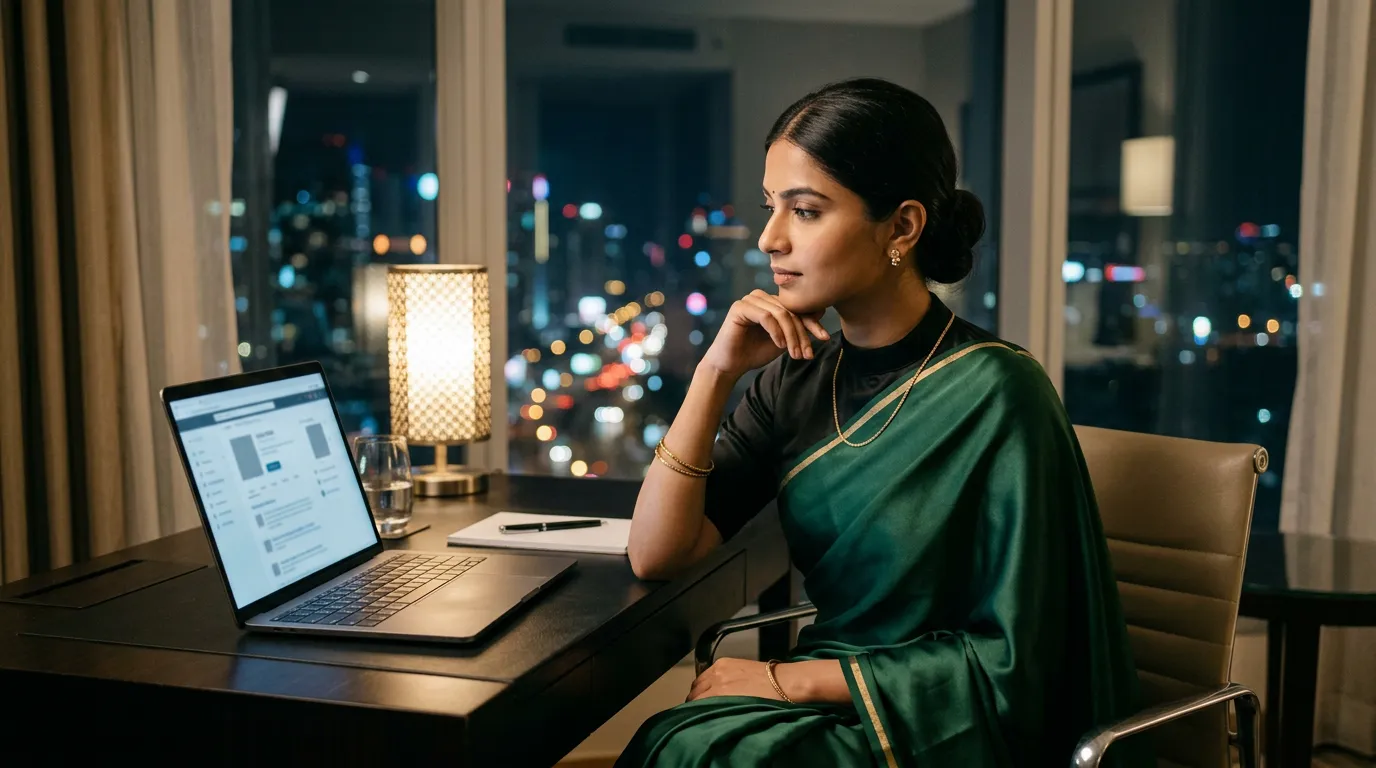 Adult South Asian woman at hotel desk reviewing online directory listings.