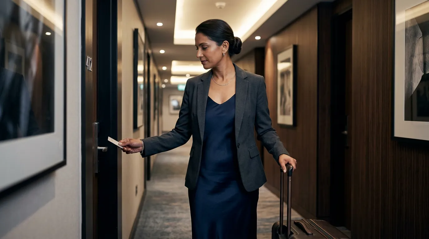 Business traveler in a Sandton hotel hallway, focused on privacy and timing.