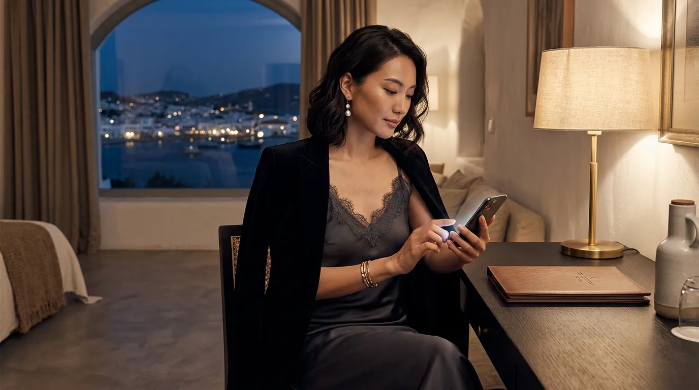 Adult editorial scene of a woman reviewing directory listings in a hotel room at night