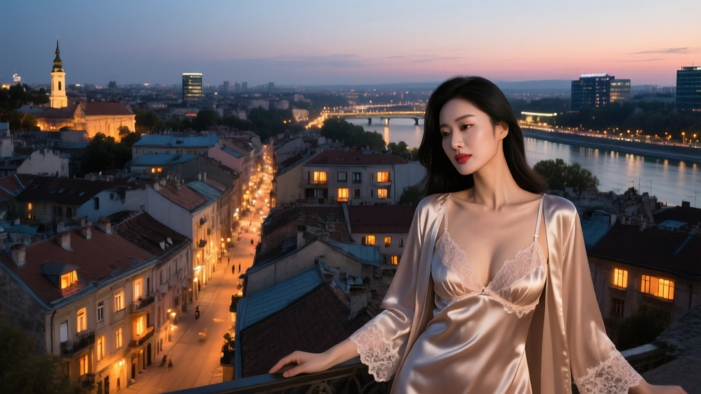 Evening view over Belgrade with warm lights in hotel and apartment buildings.