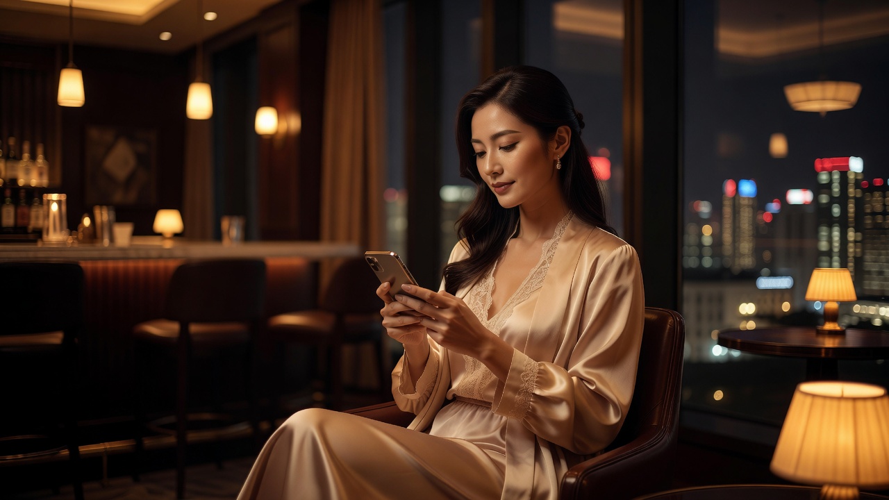 Woman in a silky blouse composing a discreet message on her phone in a hotel bar.