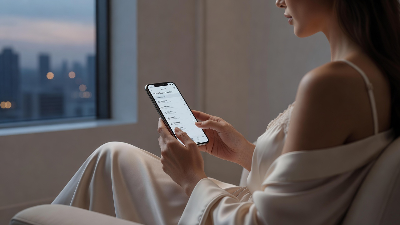 Person browsing an escort directory workflow on a smartphone by a window at night.