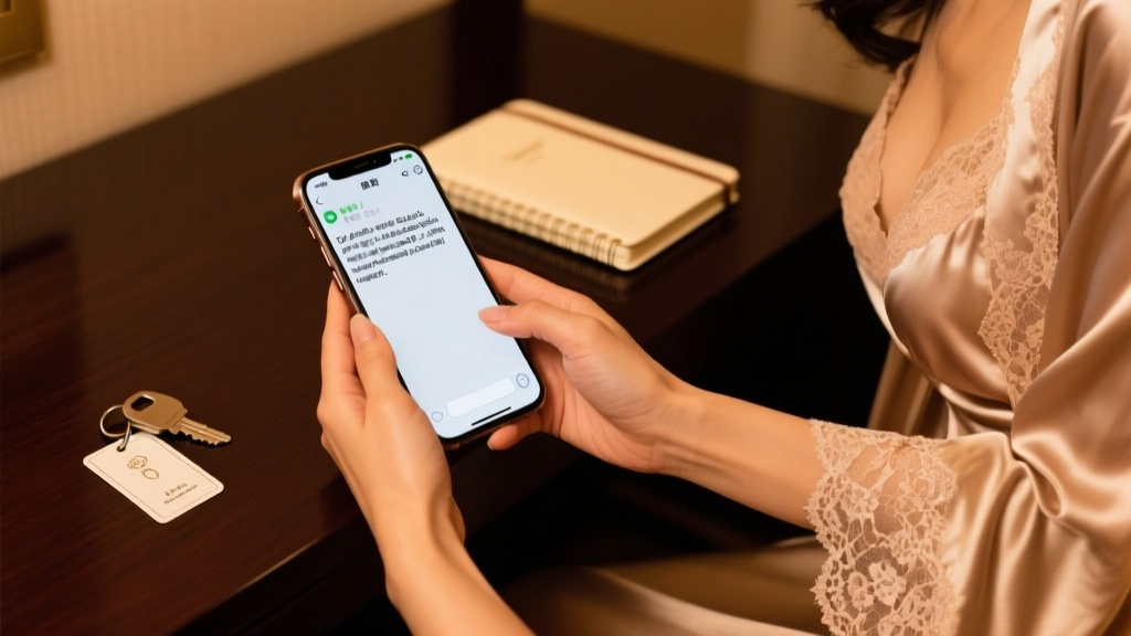 Discreet first message being typed on a smartphone beside a hotel room key.