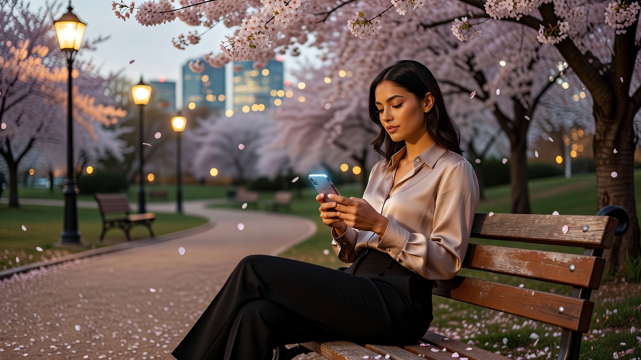 Young adult woman checking her phone under cherry blossoms in the evening.