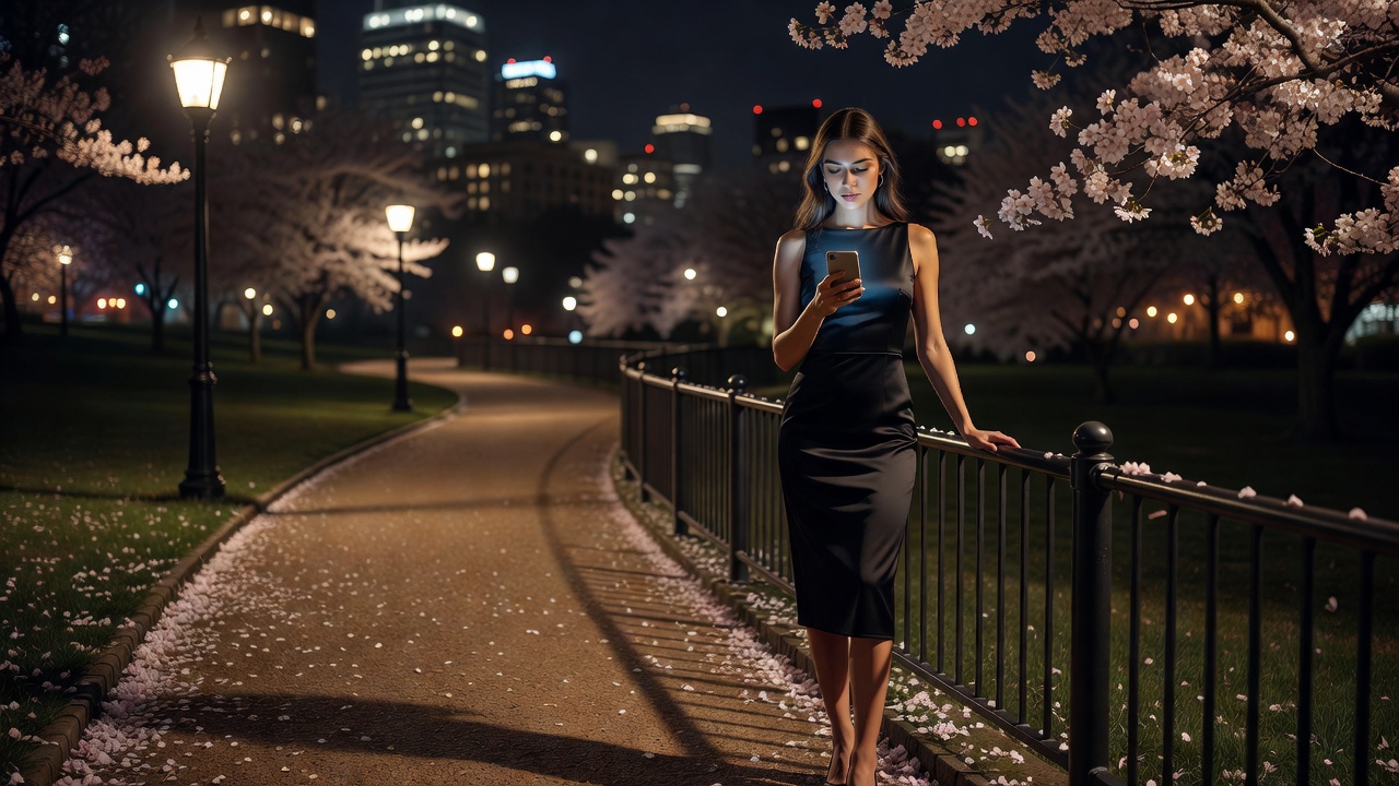 Young woman in an evening dress pausing to review a message on her phone in a park at night.