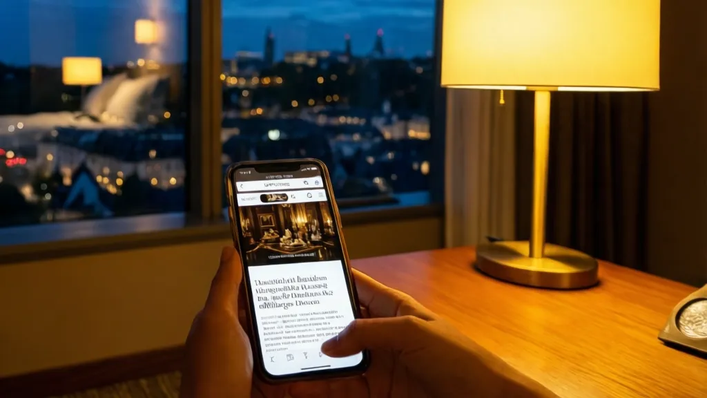 Phone on a bedside table showing an escort directory with city lights in the background.