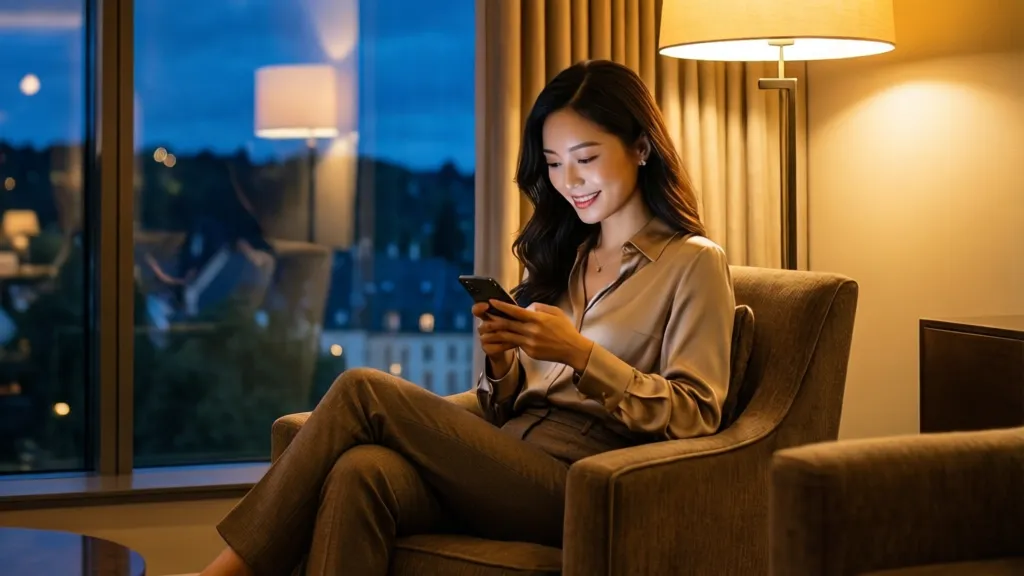 Young adult woman seated by a hotel window in Luxembourg City sending a message on her phone.