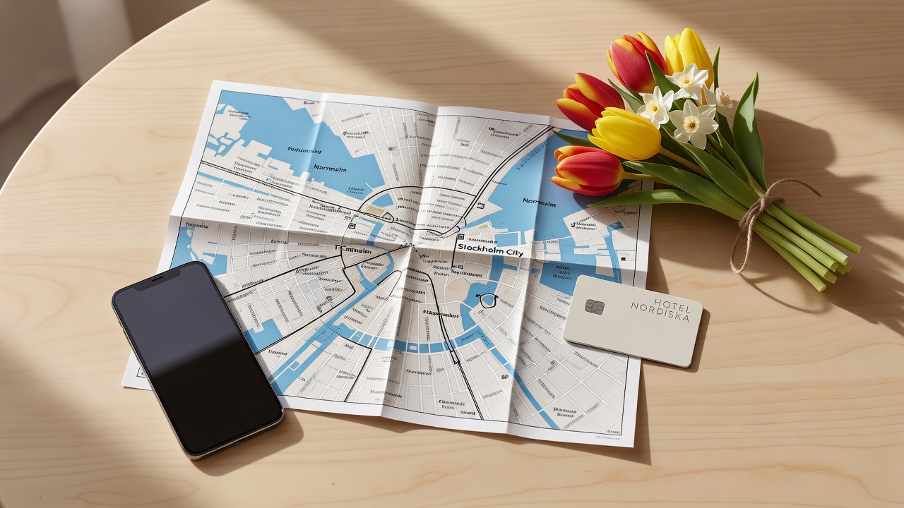 Travel objects and city map arranged for planning discreet hotel meetings in central Stockholm.