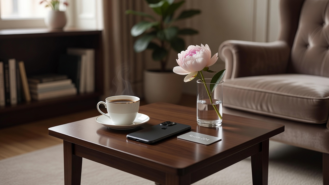 Discreet lobby coffee table setup suitable for a low-key hotel meeting wait.