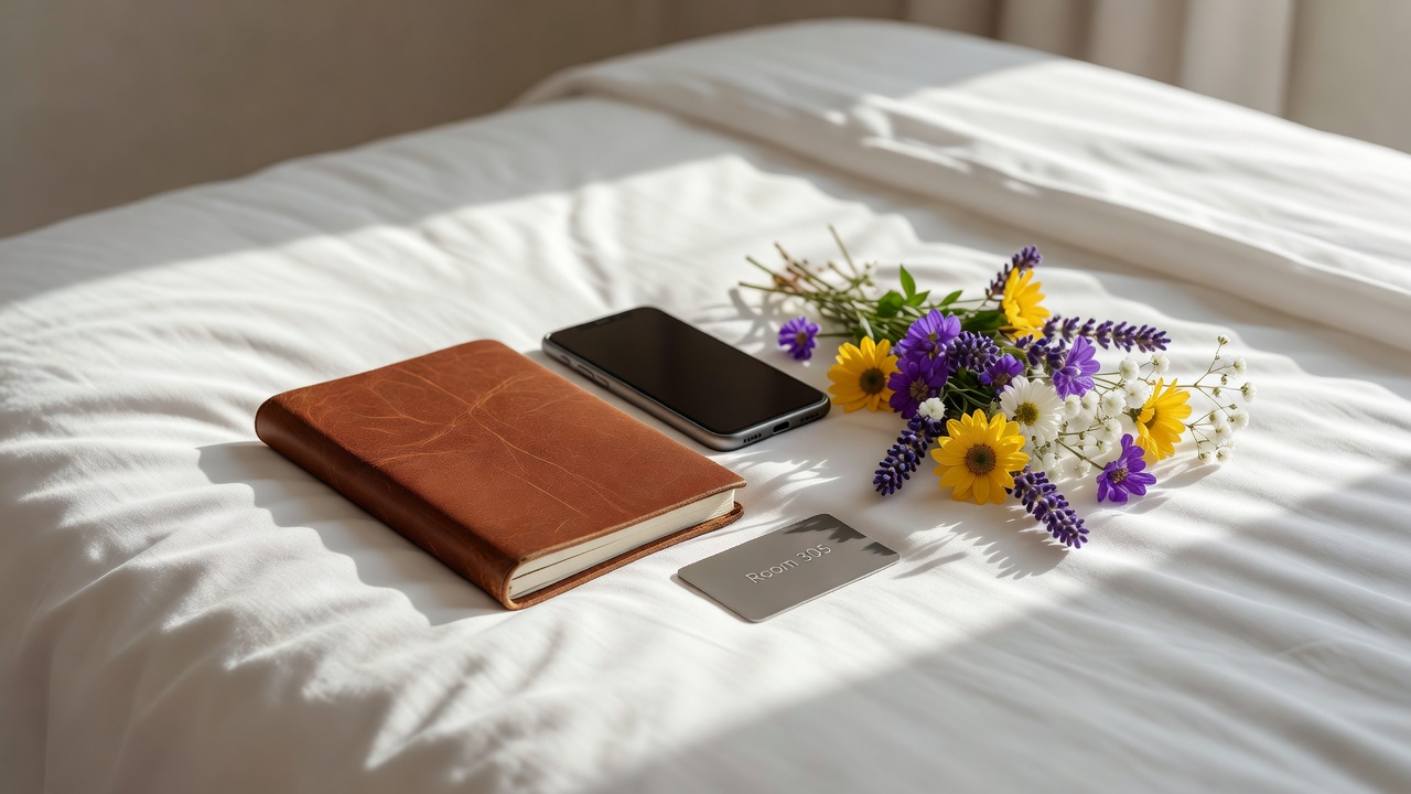 Organized travel objects on a hotel bed representing discreet planning and digital privacy.