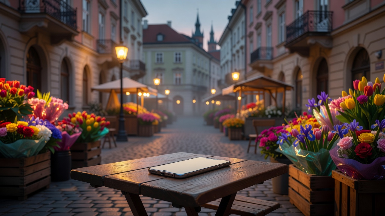 Smartphone on a café table near an evening flower market, suggesting private browsing.
