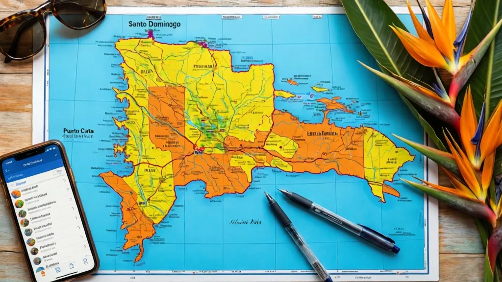 Dominican Republic map with Santo Domingo and Puerto Plata highlighted beside a phone showing a directory profile.