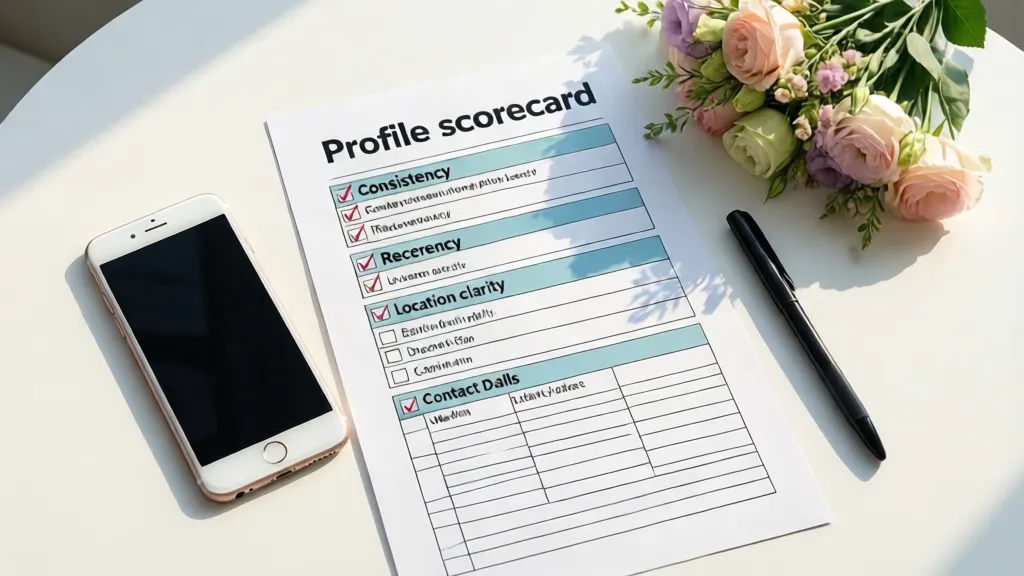 Profile scorecard checklist for directory photos next to smartphone and flowers.