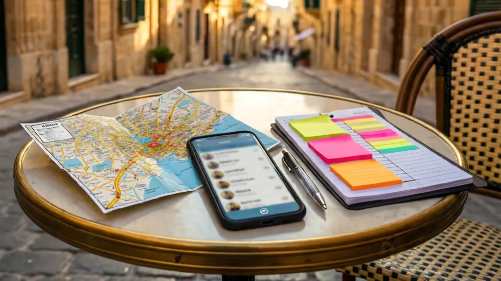 Discreet flat-lay in Qormi with phone, Malta map, and scorecard notes for comparing directory listings.