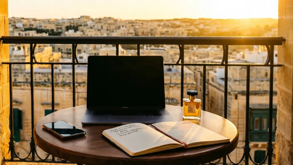 Discreet Qormi balcony still-life with laptop and notebook for private bookmarking of directory profiles.