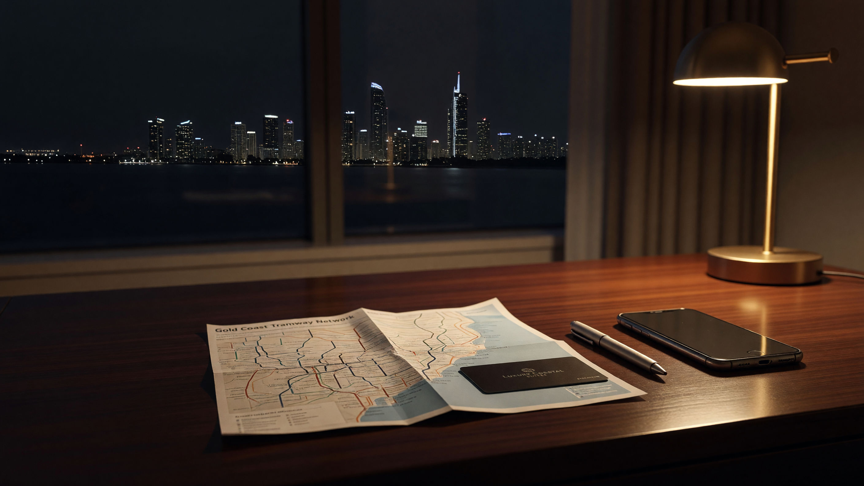 Discreet hotel desk with Gold Coast tram map and phone facedown.