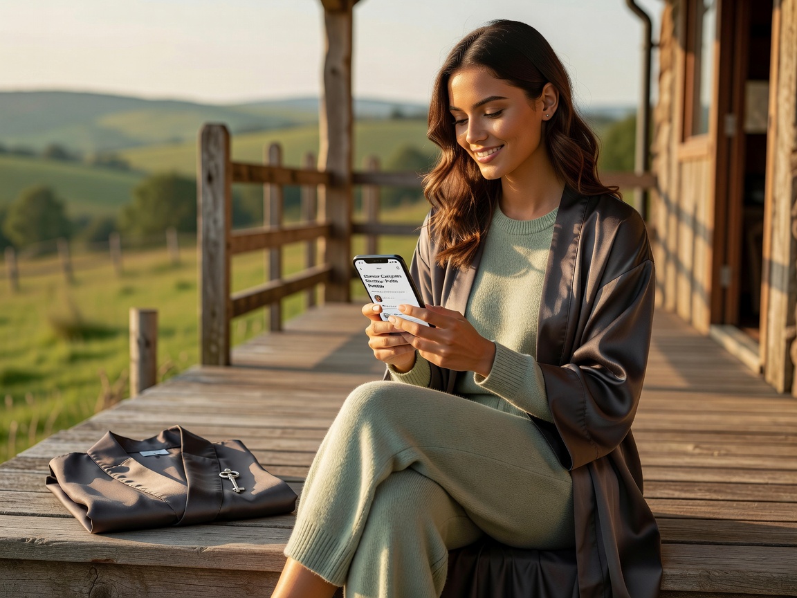 Young adult woman quietly reviewing an online profile on her phone at a countryside inn terrace.