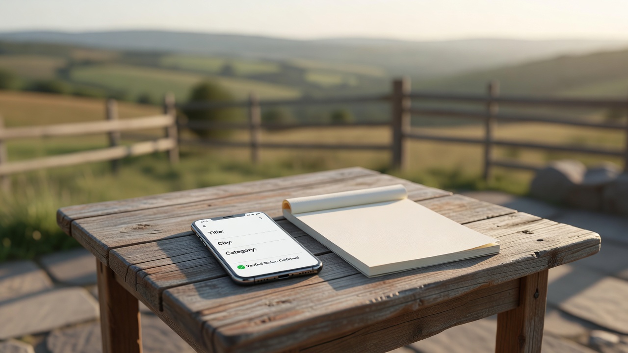 Smartphone on a table showing structured profile fields for title, city, category, and verification.