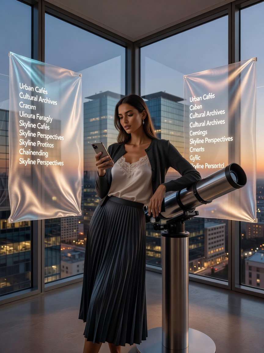 Young woman on city observatory deck comparing escort directory categories on her phone.