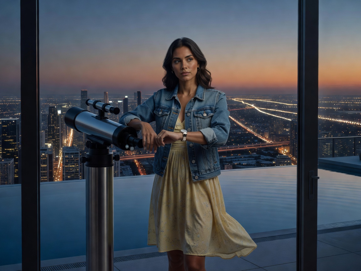 Woman on observatory deck glancing at her watch while overlooking different city areas.