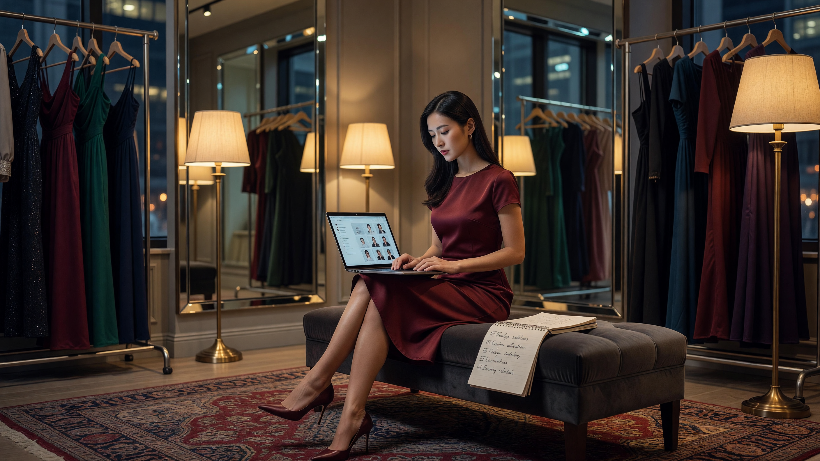 Woman in an evening dress reviewing a checklist on a laptop in a boutique-style room.