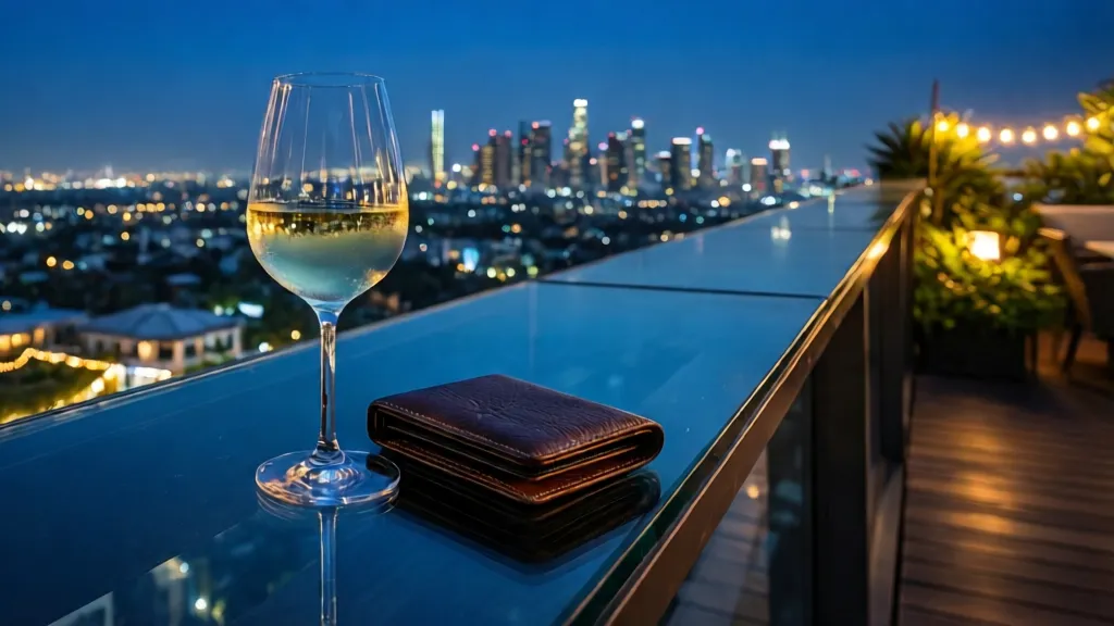 A glass of wine and a leather wallet on a modern rooftop terrace overlooking a city at night.