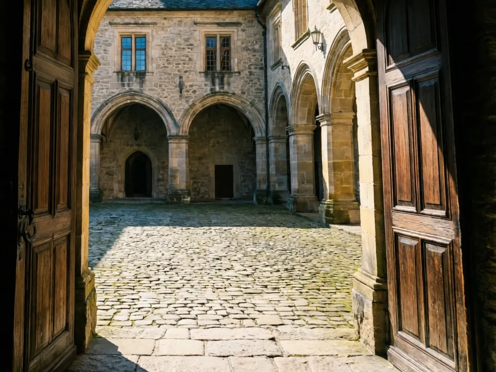 A sunlit historic courtyard seen through a stone archway.