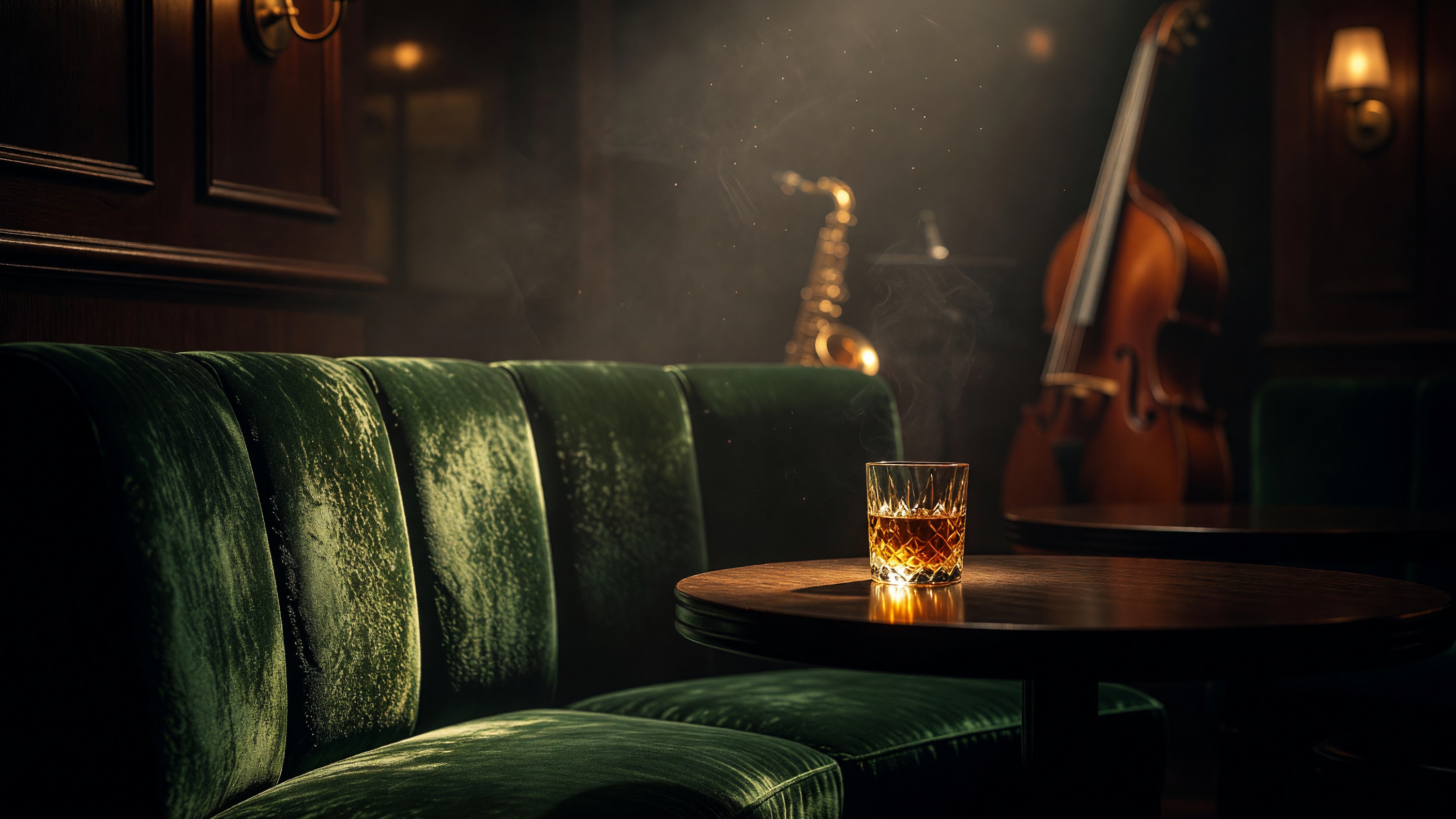 A plush velvet booth and crystal glass in a moody Berlin jazz bar, representing the city's nightlife scene.
