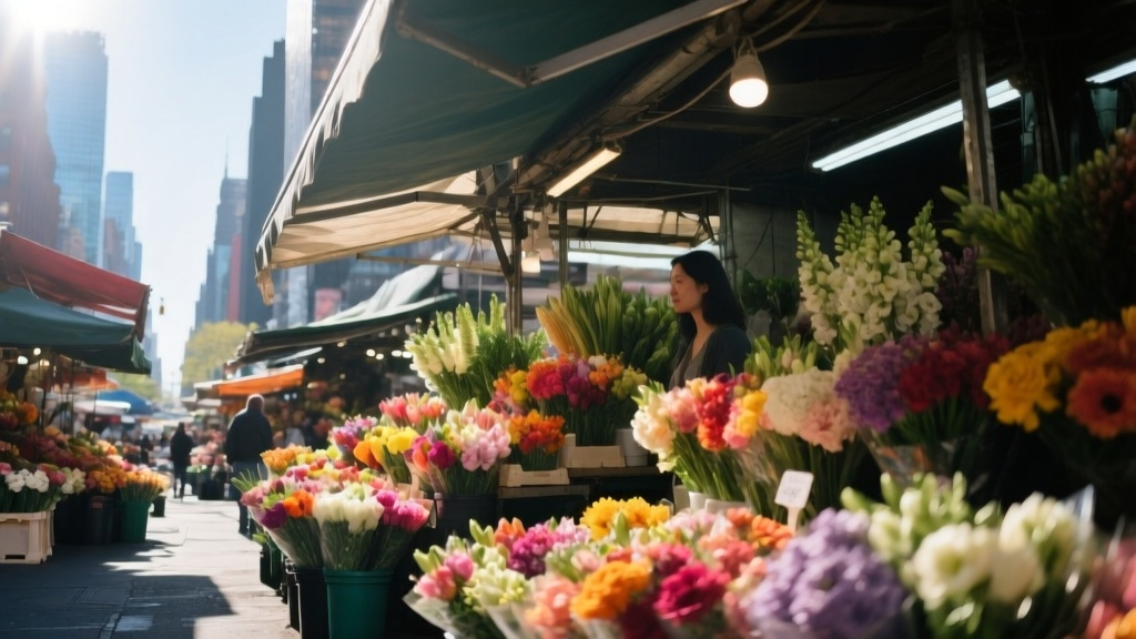 Vibrant and colorful outdoor flower market stall in the morning sun.