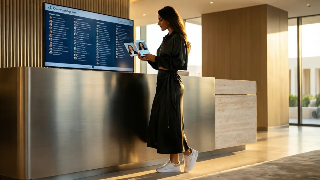 Adult woman in sporty athleisure comparing directory profiles in a bright Dubai wellness lobby.