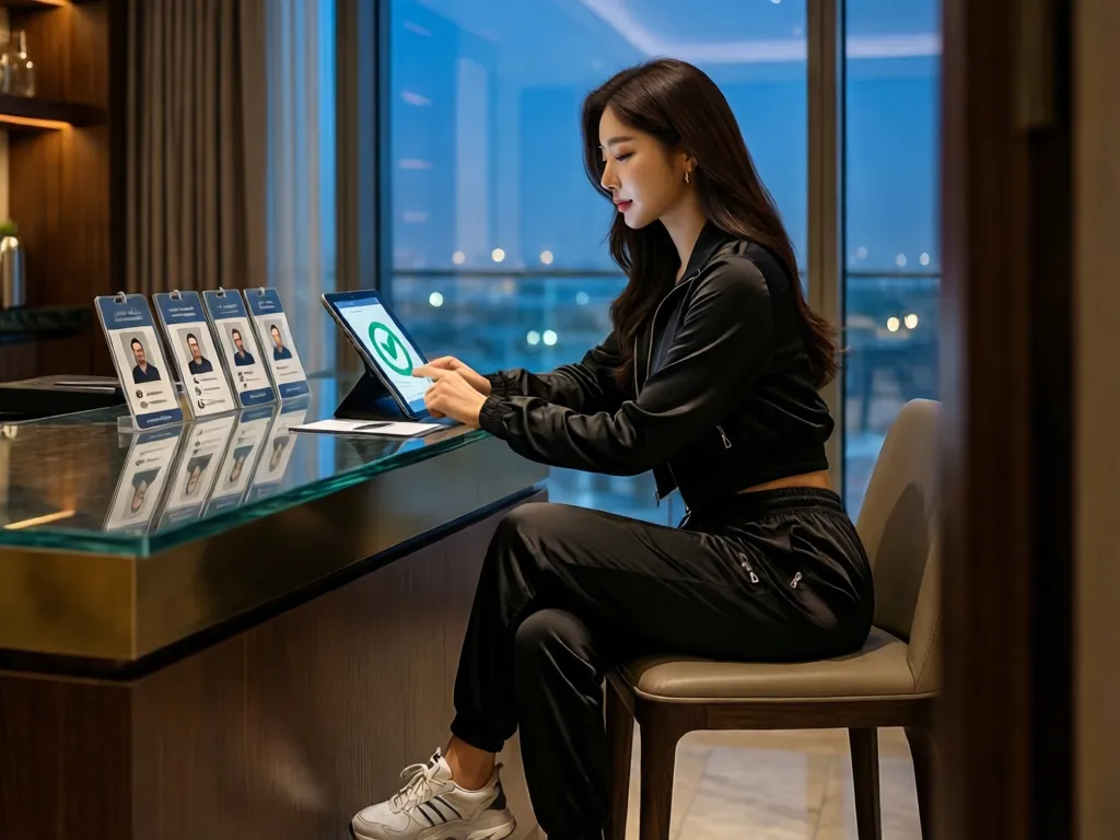 Woman in athleisure reviewing a verified badge on a tablet in a Dubai lounge.