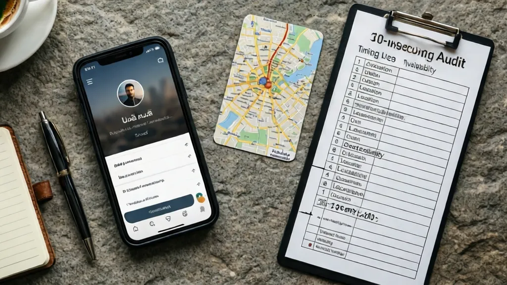 Flat-lay of a quick profile audit checklist with phone, notebook, and map in Dubai.