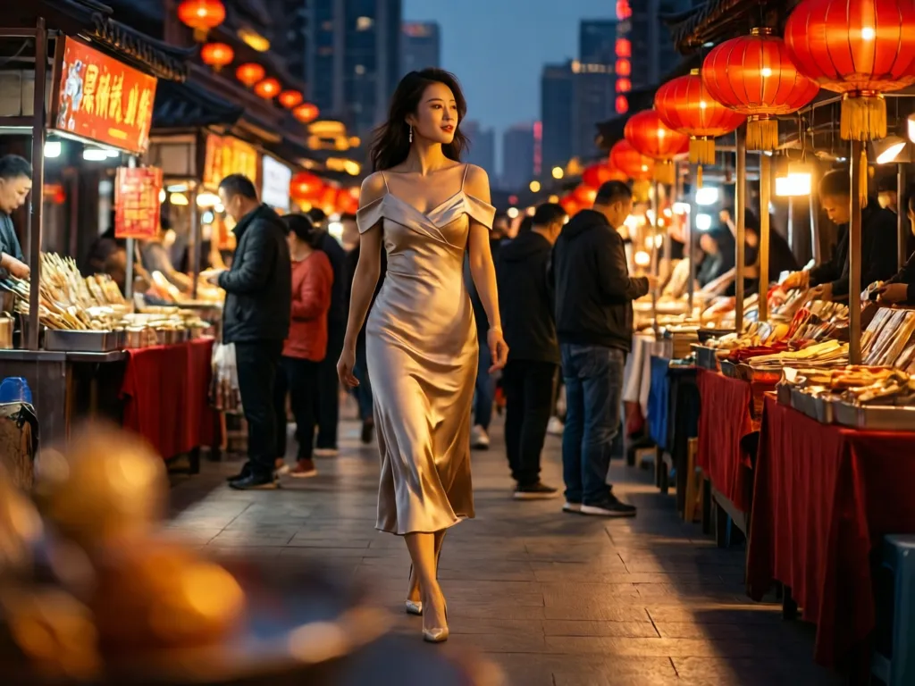 An elegant woman in a silk dress walking through a vibrant Chinese night market with lanterns.