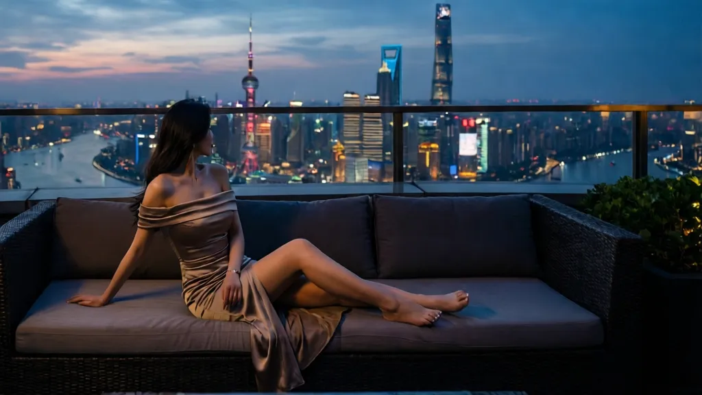 A sophisticated woman sitting on a high-rise balcony overlooking the Shanghai skyline at night.