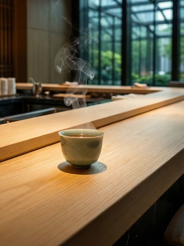 A minimalist and luxury sushi bar counter in China with soft, focused lighting.