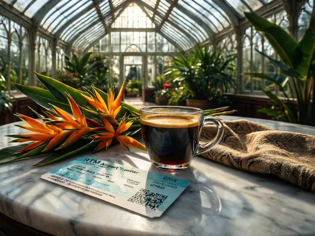 Travel props on a marble table in a greenhouse representing Rotterdam logistics.