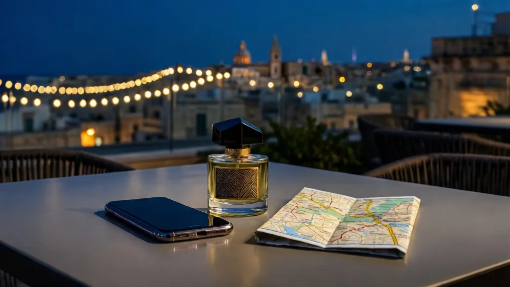 Atmospheric night view of a rooftop lounge with a smartphone and travel accessories.