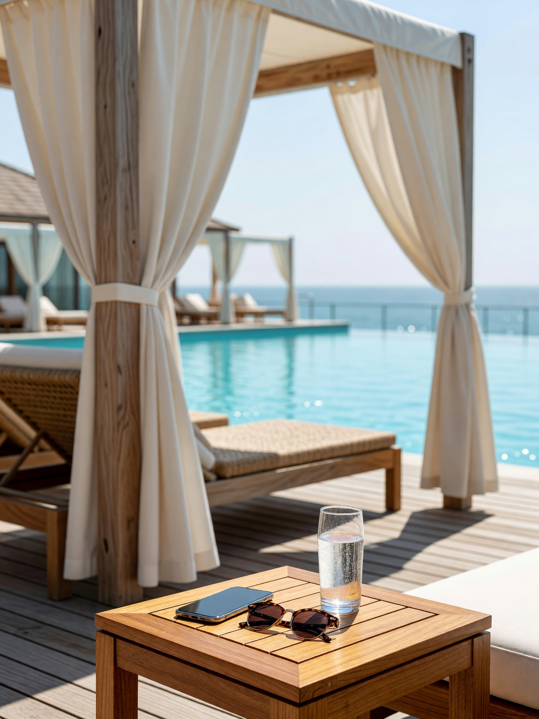 A smartphone and sunglasses on a teak table at a luxury poolside cabana representing profile verification.