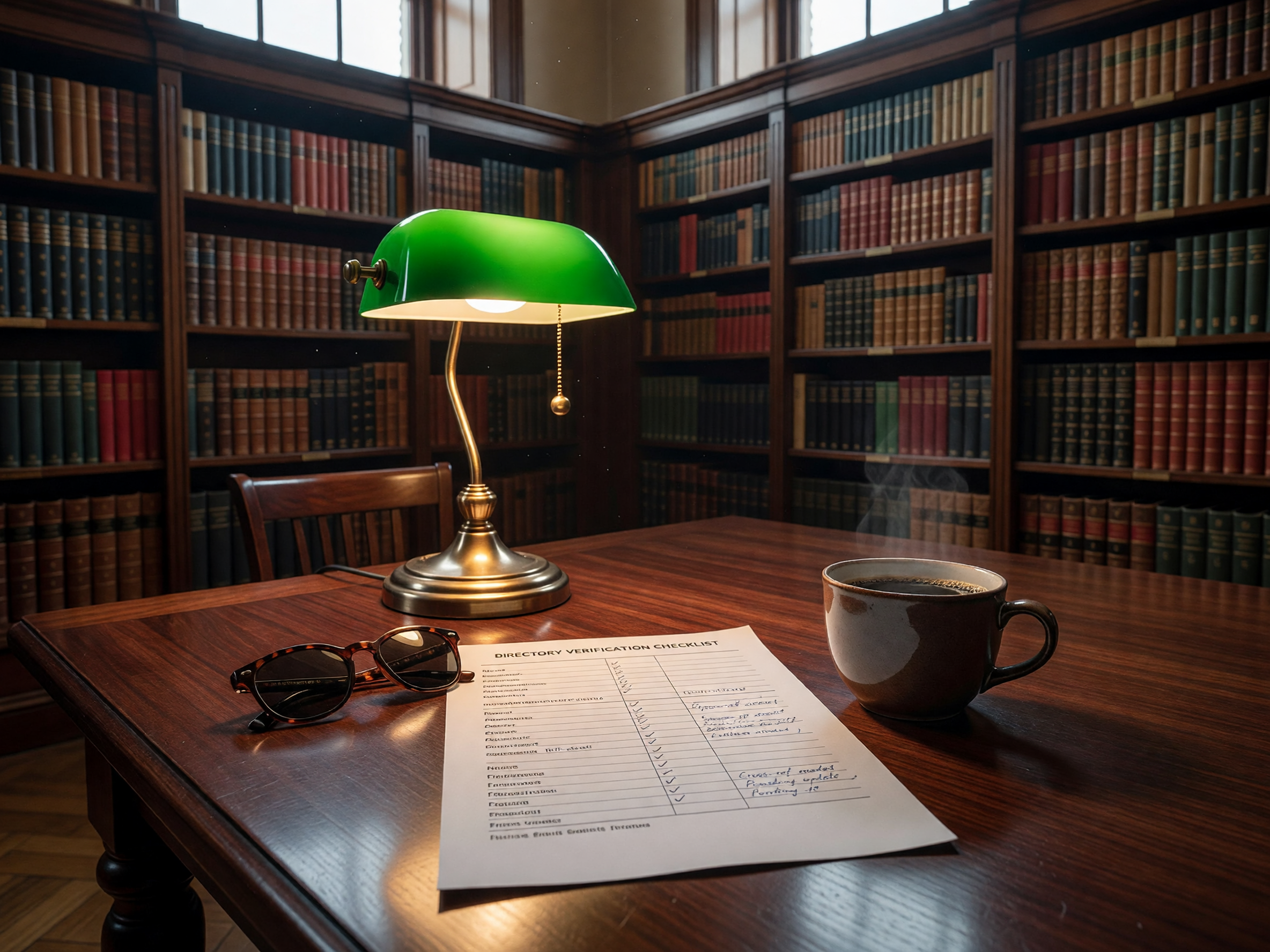 A scholarly flat-lay featuring a directory checklist, coffee, and a green lamp on a dark wood desk.