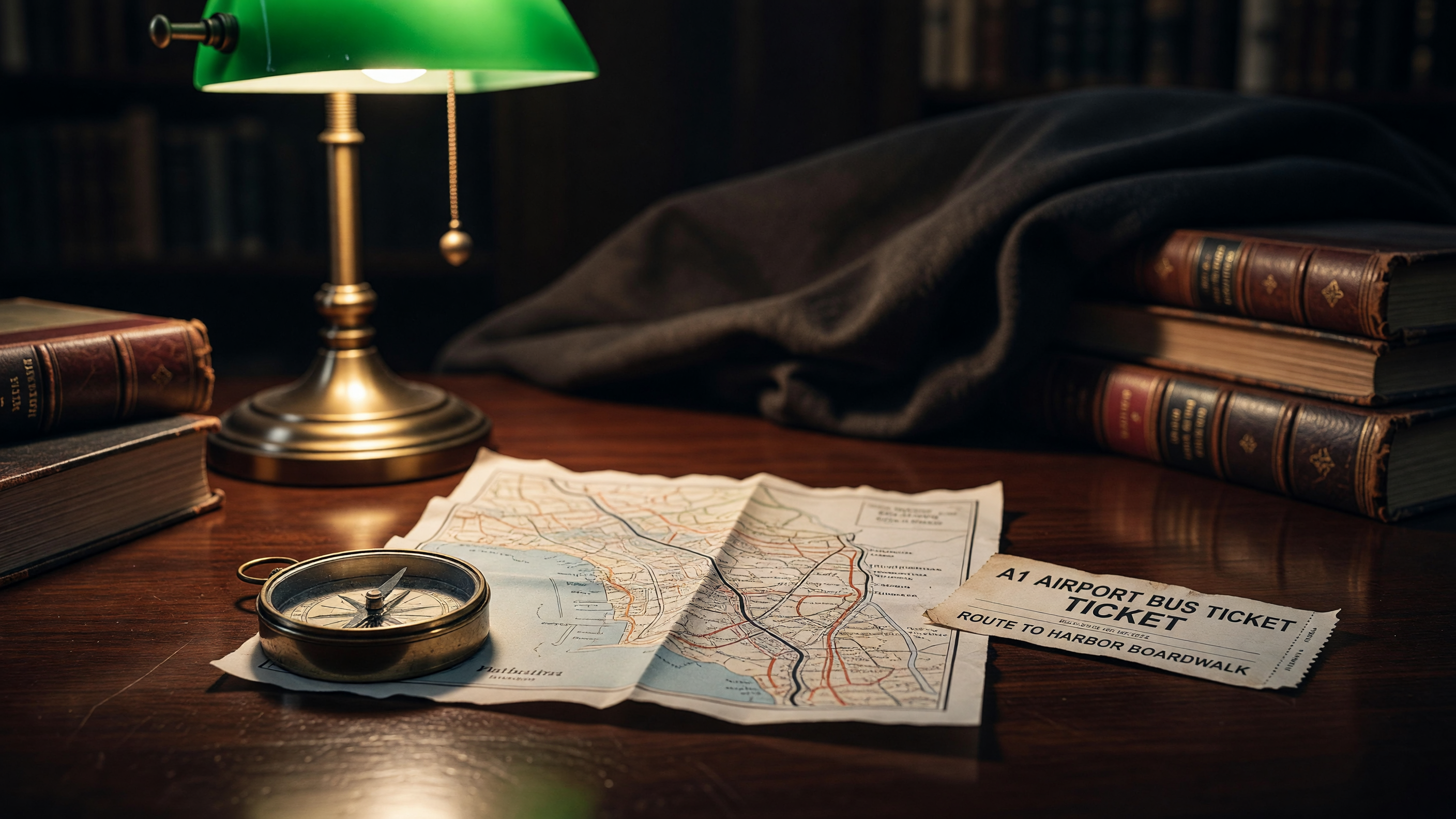 Close-up of a Santa Catalina map, compass, and bus ticket on a library table.