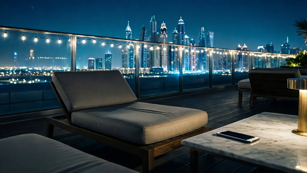 An empty luxury rooftop lounge in Dubai at night with a city skyline view.
