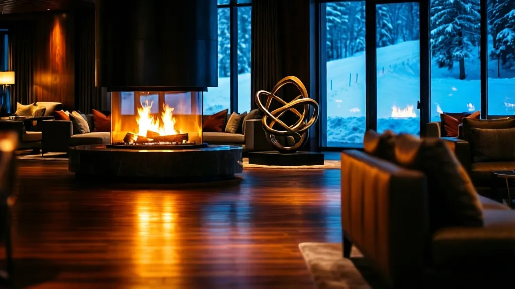 A luxury fireplace lounge with snow visible through windows and modern art.