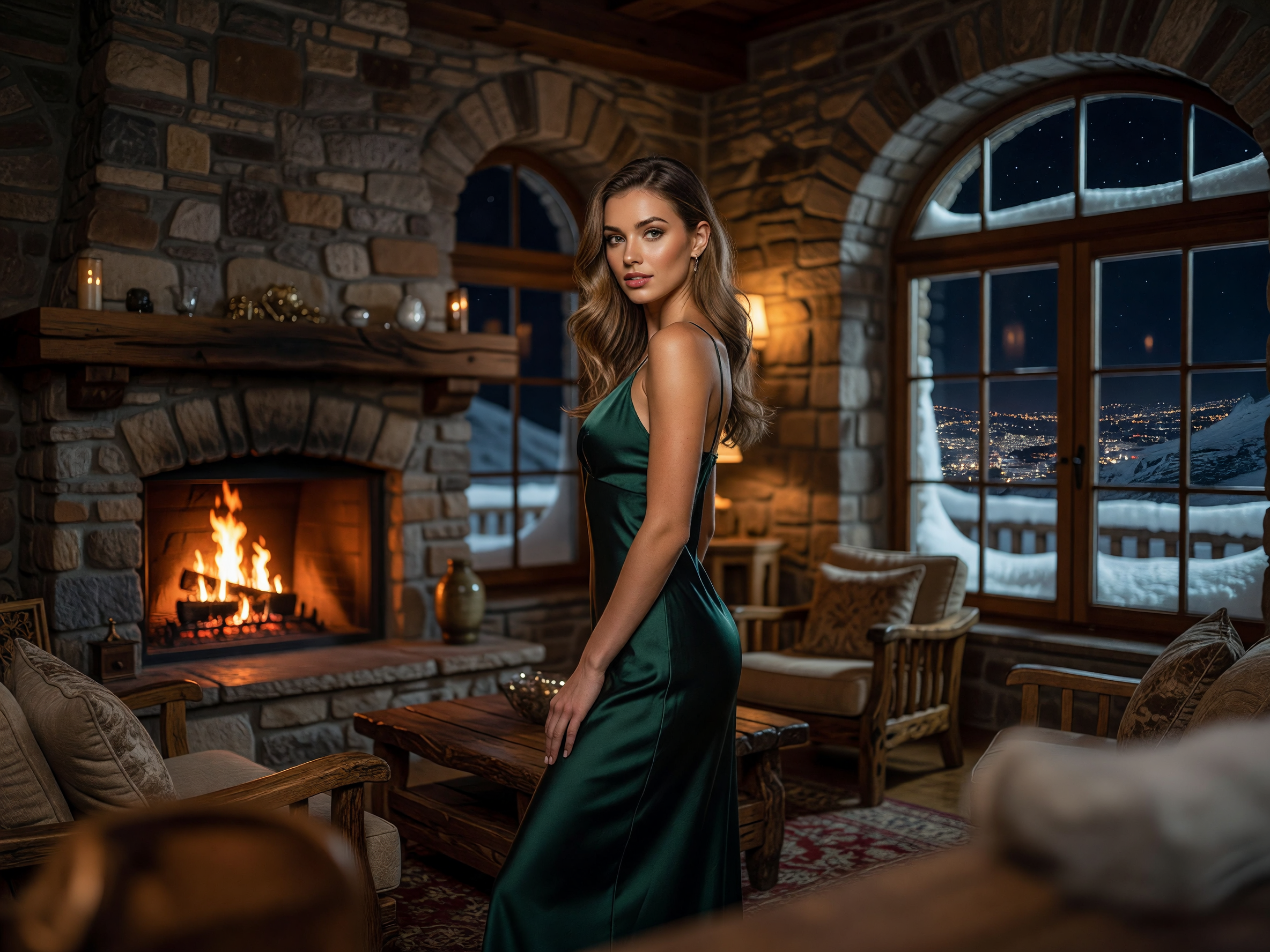A woman in a silk slip dress looking out of a lodge window at night.