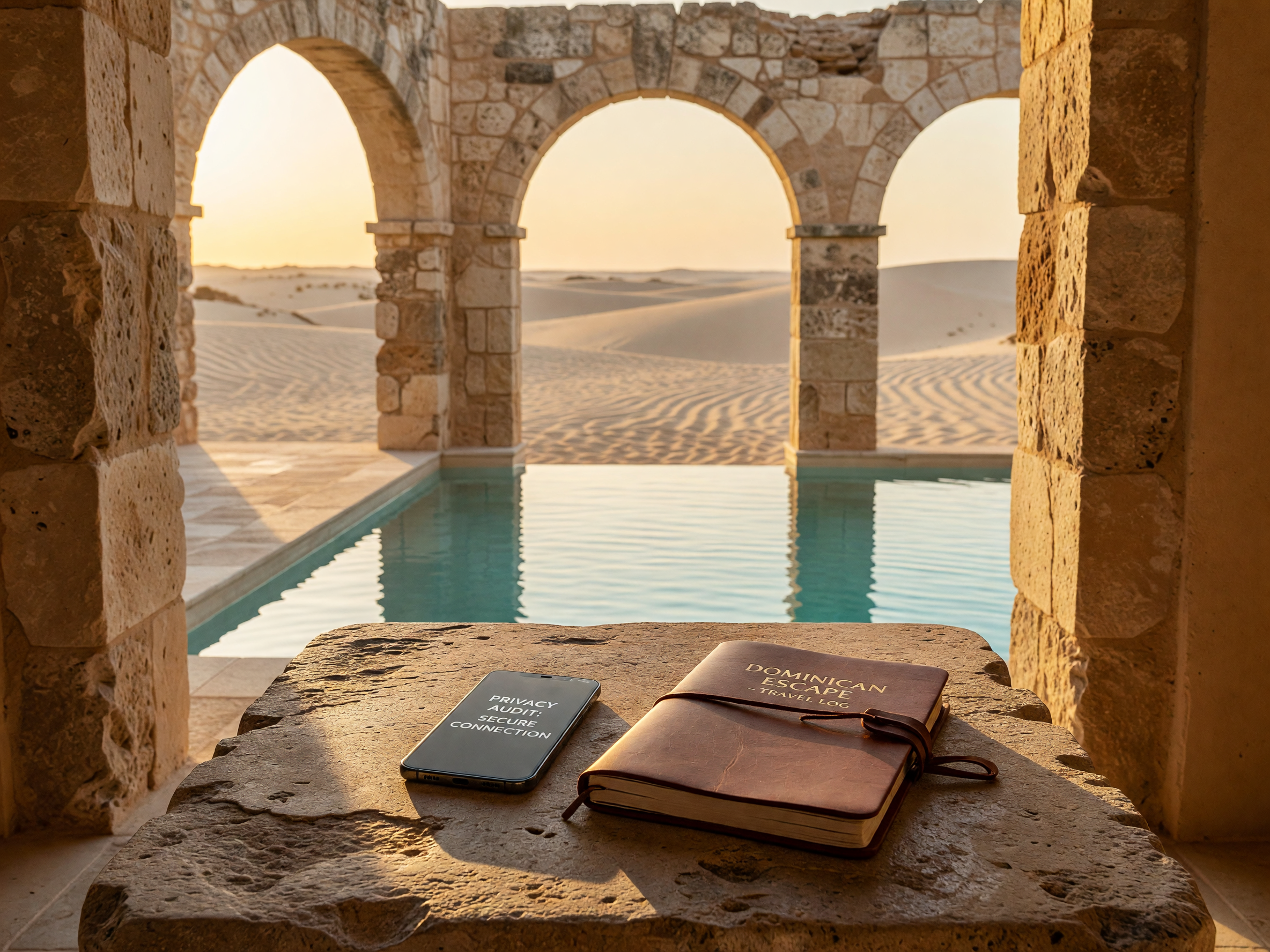 A smartphone and leather notebook on a stone table at a desert resort during sunset.