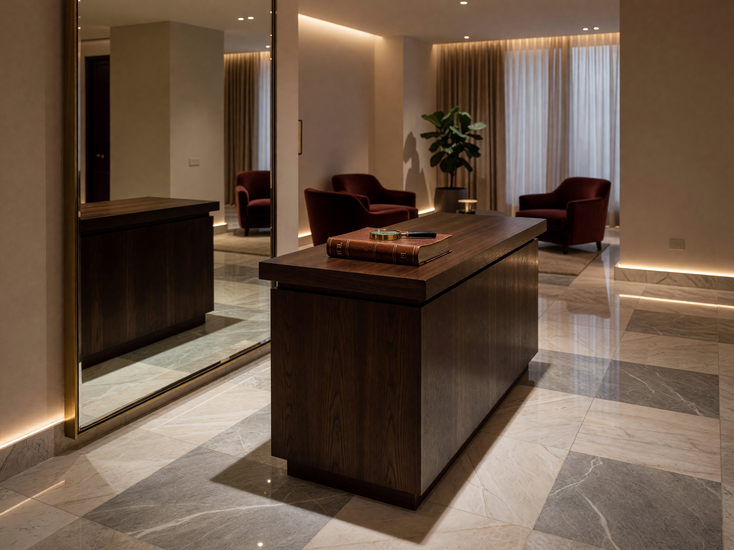 A luxury hotel lobby reflected in a mirror, showing a concierge desk and audit tools.