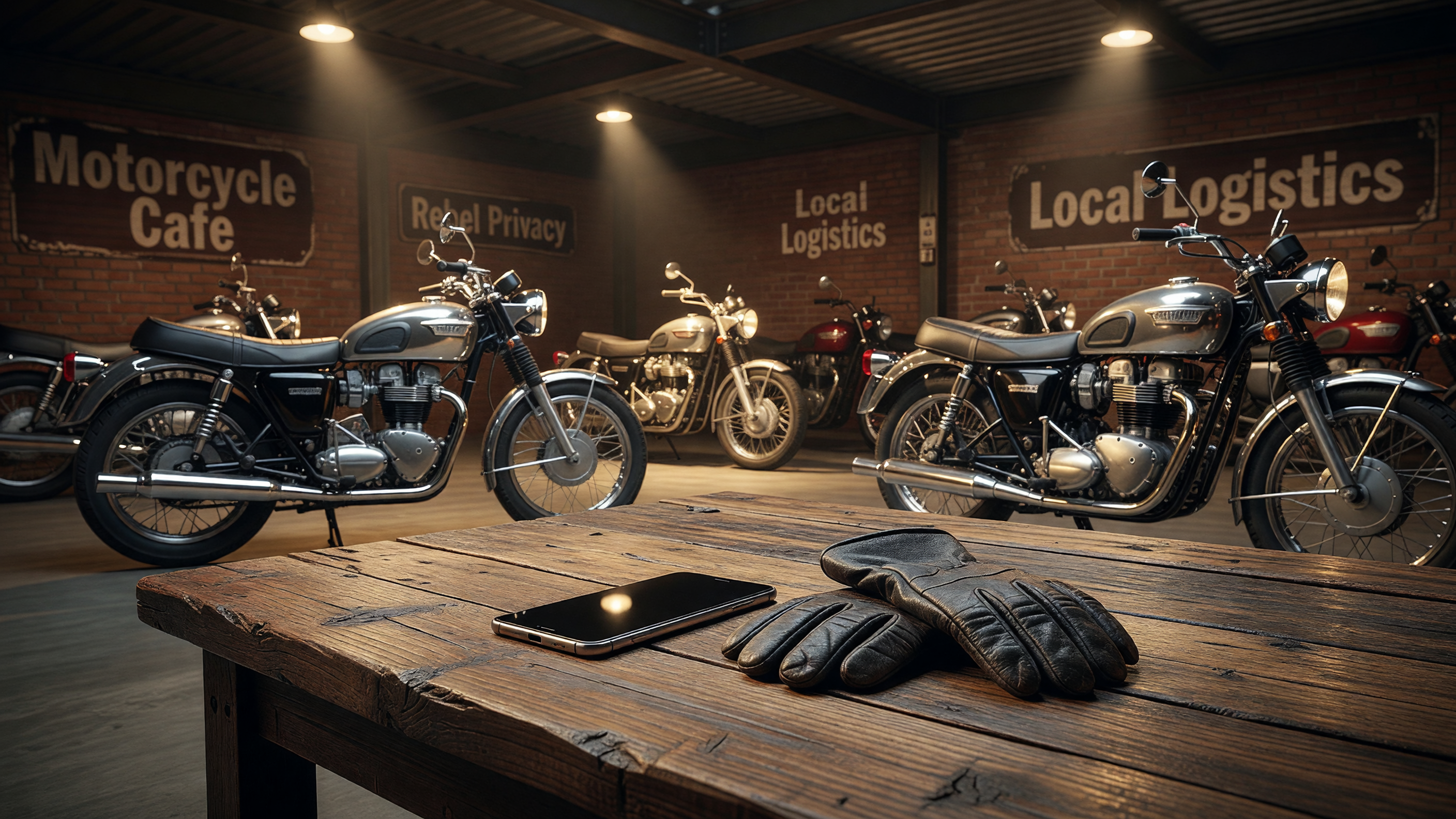 High-angle view of a motorcycle cafe table with a smartphone and vintage bikes in the background.